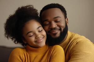 Father and daughter share a warm embrace in cozy sweaters during a joyful moment at home photo