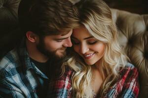 Couple enjoys a cozy moment together in a rustic setting with soft lighting photo