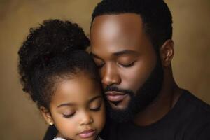 Father and daughter share a tender moment with closed eyes in a warm setting photo