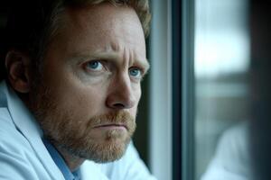 Doctor reflecting deeply while looking out the window in a clinical setting during the day photo