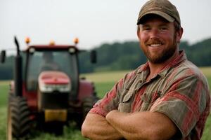 Farmer smiling proudly in a lush field with a tractor in the background during daylight hours photo