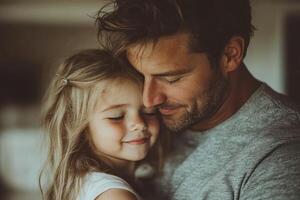 Father and daughter share a tender moment in a cozy indoor space during afternoon photo