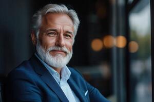 Senior man with silver hair and beard smiles warmly, showcasing professionalism in a modern setting photo