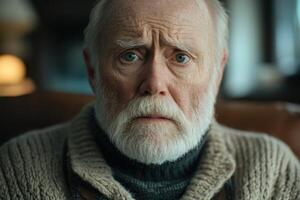 Elderly man with a contemplative expression sitting indoors in a cozy setting during evening hours photo