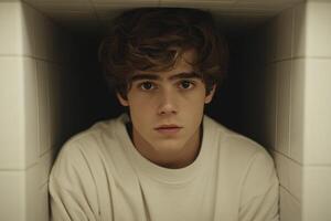 Young man confined in a small space with a solemn expression in a minimalist setting photo