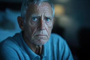 Senior man with intense expression reflecting on life in a dimly lit room during late evening hours photo