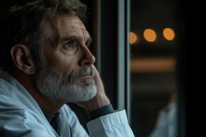 Experienced man in lab coat reflects thoughtfully near window in a dimly lit room photo