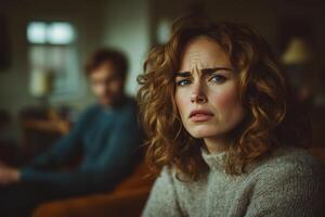 Intense conversation between two individuals in a cozy indoor setting during the late afternoon photo