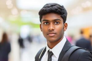 Young man in business attire poses confidently in a modern office setting during a busy day photo