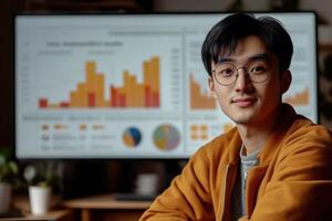 Professional young man analyzing data while working from modern office space in afternoon light photo