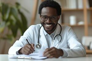 Doctor smiling while taking notes in a bright and modern office environment during daytime photo
