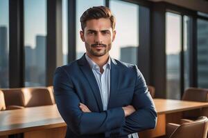 A man in a suit standing in front of a table photo
