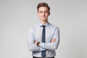 A young man in a shirt and tie standing with his arms crossed photo