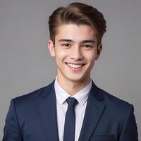 A young man in a suit and tie smiling photo