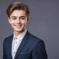 Portrait of a young man in a suit on a gray background photo