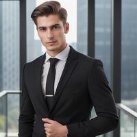 A man in a suit and tie standing in front of a window photo