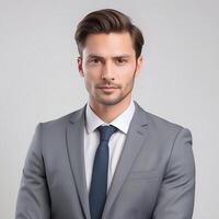 A man in a suit and tie standing in front of a gray background photo