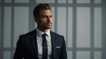 A man in a suit and tie standing in front of a window photo
