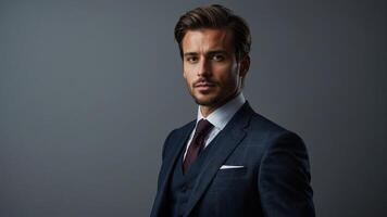 A man in a suit and tie standing in front of a gray background photo