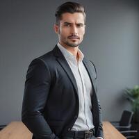 A man in a suit standing in front of a table photo