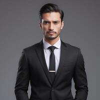 A man in a suit and tie standing in front of a gray background photo