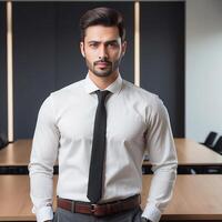A man in a white shirt and tie standing in an office photo