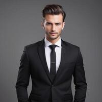 A man in a suit and tie standing in front of a gray background photo