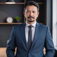 A man in a suit and tie standing in front of a shelf photo