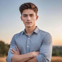 A young man in a blue shirt standing in a field photo
