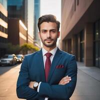 A man in a suit standing in front of a building photo