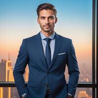 A man in a suit standing in front of a window photo