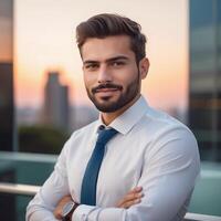 A man with a beard and tie standing in front of a building photo
