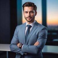 A man in a suit and tie standing in front of a window photo
