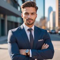 A man in a suit standing in front of a building photo