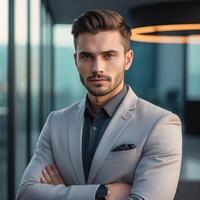 A man in a suit standing in front of a window photo