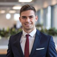 A young man in a suit and tie smiling photo