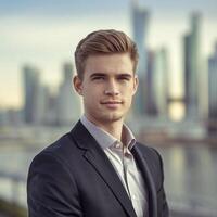Young businessman in suit standing in front of cityscape photo