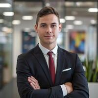 A young man in a suit and tie standing in an office photo