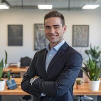 A man in a suit standing in front of a desk photo