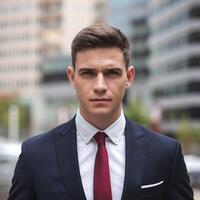 A man in a suit and tie standing in front of a building photo