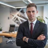 A man in a suit and tie standing in an office photo