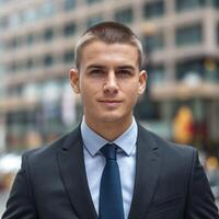 A young man in a suit and tie standing in front of a building photo