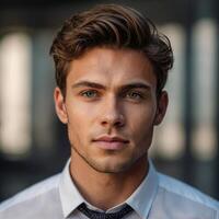 A man with a tie and shirt looking at the camera photo