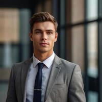 A man in a suit and tie standing in front of a window photo