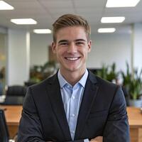 A young man in a suit and tie standing in an office photo