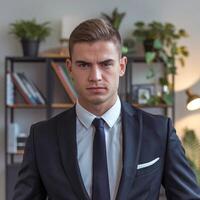 A man in a suit and tie standing in front of a book shelf photo