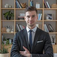 A man in a suit and tie standing in front of a book shelf photo