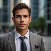 A man in a suit and tie standing in front of a building photo