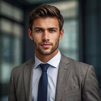 A man in a suit and tie standing in front of a window photo