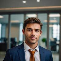A man in a suit and tie standing in an office photo